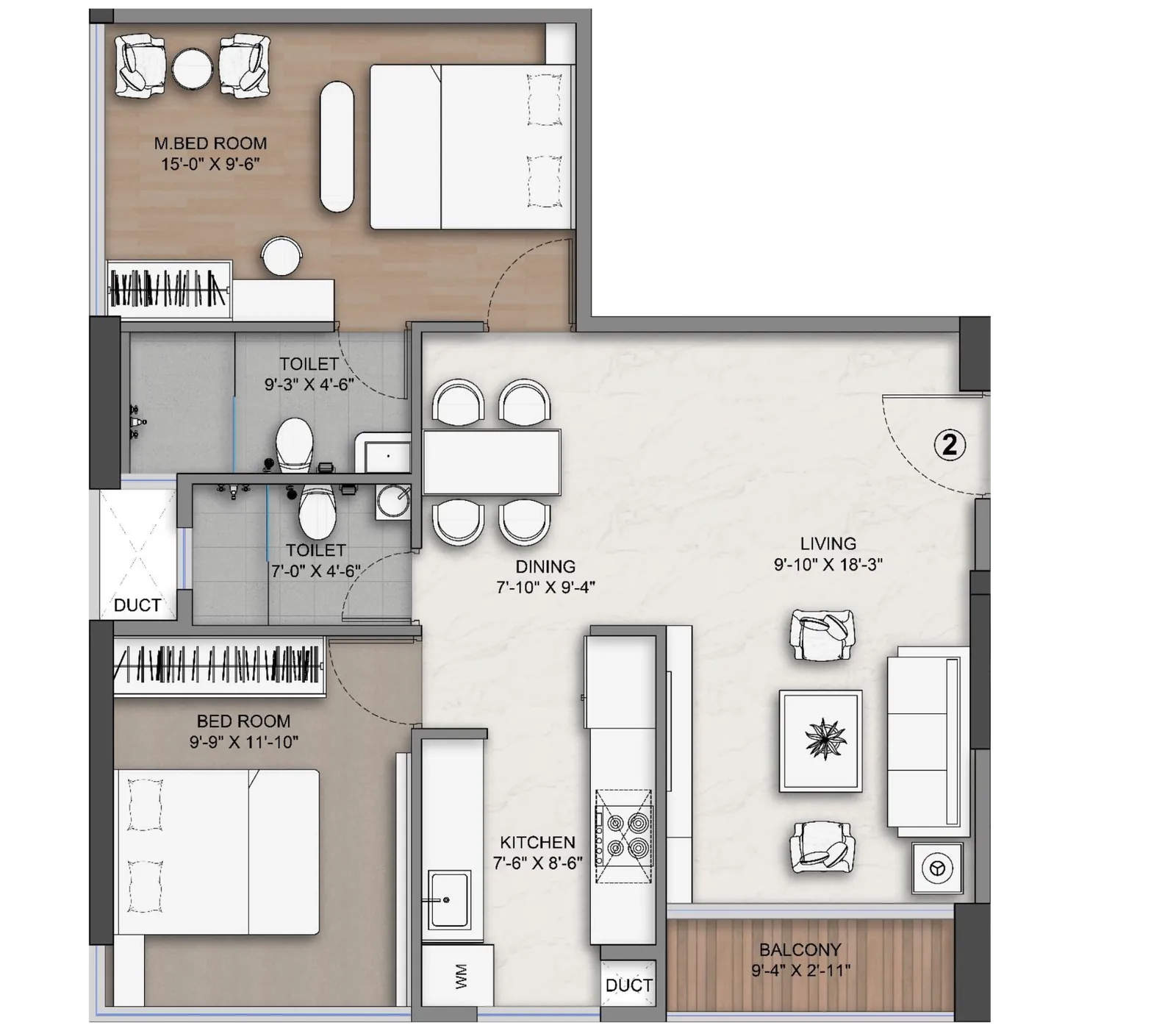 Type 2 two bedroom floor plan with room dimensions